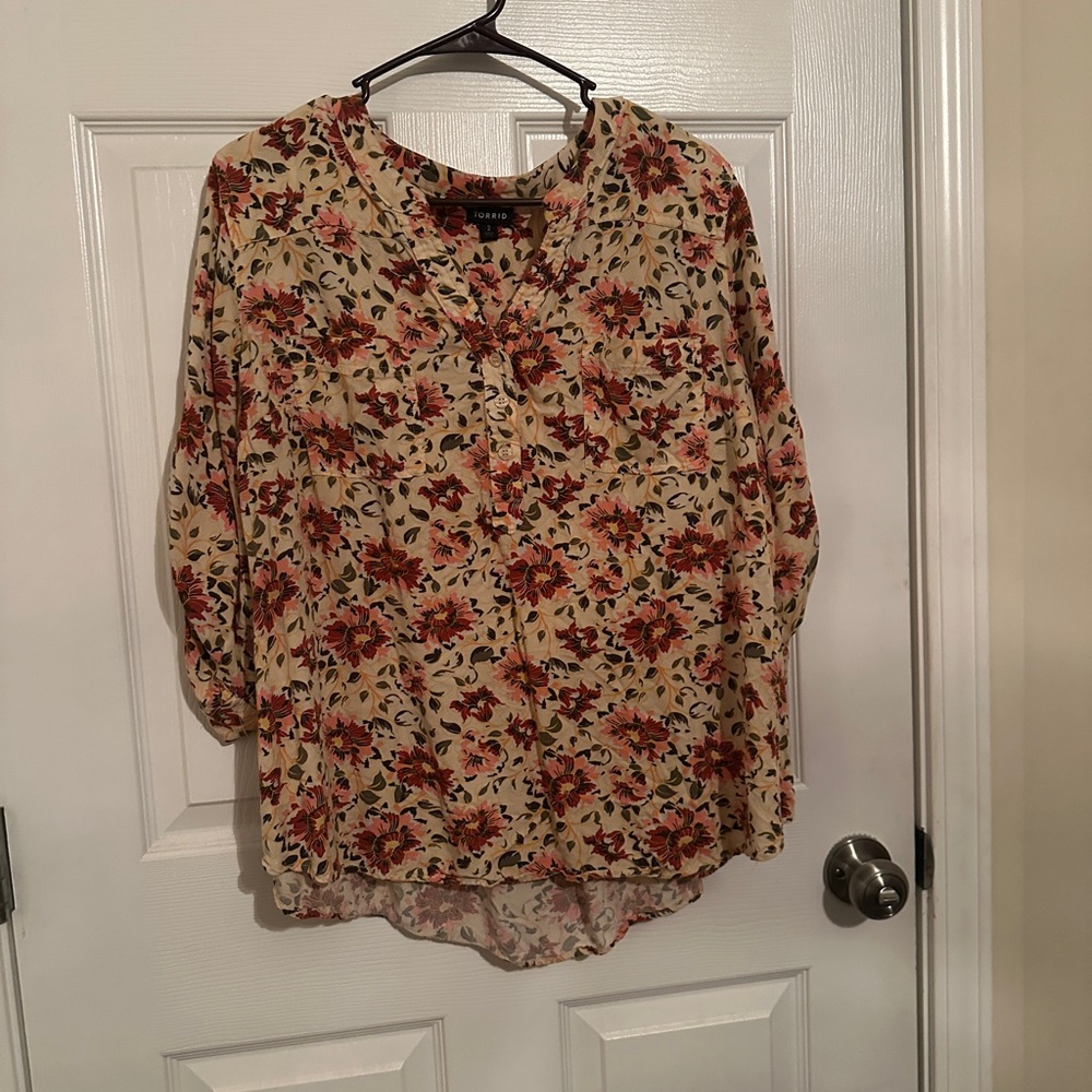 Floral V-Neck Blouse - Cream and Red